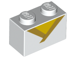 Brick 1 x 2 with Gold Trim and Yellow Triangle Pattern, White (3004pb188 / 6270329)