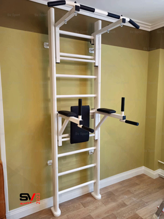 Спортивный комплекс для дома  деревянный. С турником , брусьями и  скамьей для пресса   (Белый)