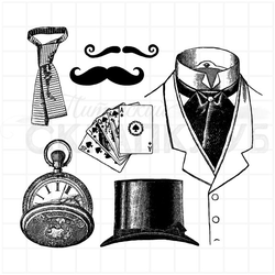 Набор мужских винтажных штампов - фрак, галстук, усы, часы, цилиндр, карты, рука с пером
