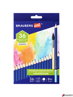 Карандаши художественные цветные акварельные BRAUBERG ART CLASSIC, 36 цветов, грифель 3,3 мм. 181531