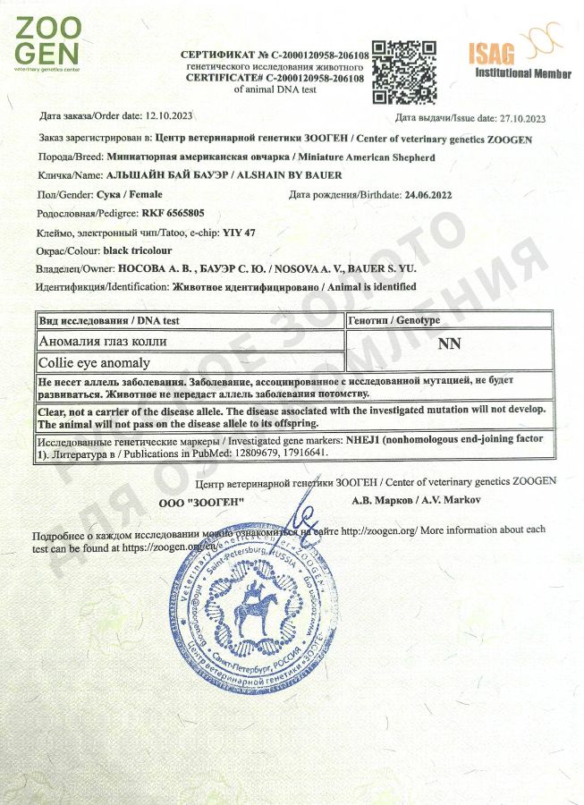 Аля. Результаты анализов на генетические заболевания.