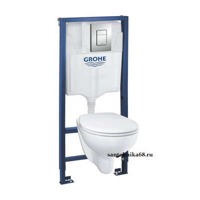 Инсталляция в сборе Grohe Solido 5 в 1 39586000: инсталляция + подвесной унитаз Bau Ceramic + сиденье с микролифтом, панель смыва Skate Cosmopolitan