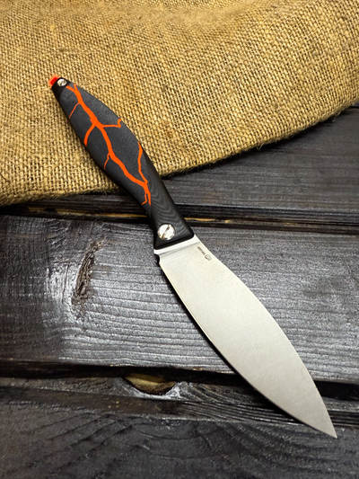 Фрикционный складной нож Канадец Большой сталь ELMAX, рукоять G10/микарта оранжевая молния