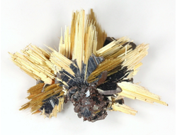 Редкость! Рутил свободного роста, сростки "звезды" золотистых игольчатых кристаллов на кристаллах гематита, Бразилия (22*18*6 мм, 1,25 г) №37913