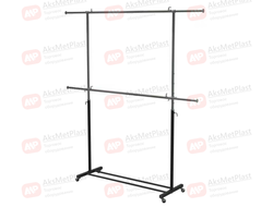 WT004 Стойка-вешало двухъярусное регулируемое для одежды напольное на колесах, L= 1200 мм ⇄ 1800 мм, цвет: черный-хром