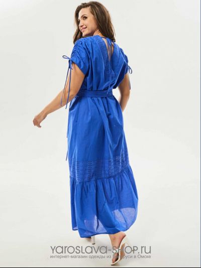 Легкое летнее платье "макси" синего цвета с кулисой на плечах