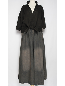 БЛУЗА ЛЁН "КИМОНО ЗАВЯЗКИ"  черная до р.54