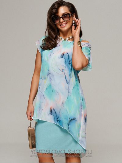 Женское льняное платье бирюзового цвета с шифоновой накидкой