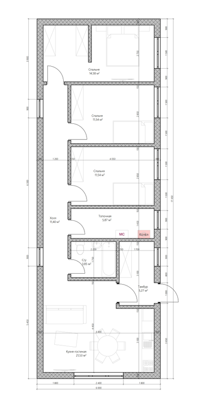 Одноэтажный дом с тремя спальнями 86м² (S75)