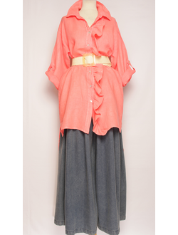 Рубашка лён "ВОЛАН ПРИНТ" коралл р.48-52