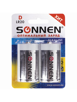 Батарейки КОМПЛЕКТ 2 шт, SONNEN Alkaline, D (LR20, 13А), алкалиновые, в блистере, 451091