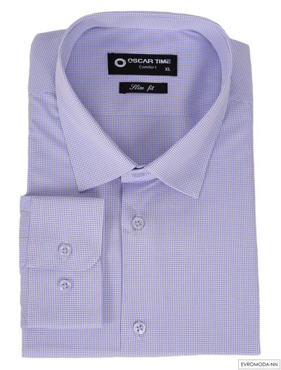 Рубашка мужская Оскар-time Non Iron Slim приталенная, белая в мелкую синюю клетку, длинный рукав