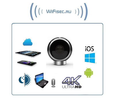 Стриминговая IP WiFi видеокамера, панорама 360 градусов (он-лайн трансляция), хранение в облаке 1 сутки,  Ultra HD 4К