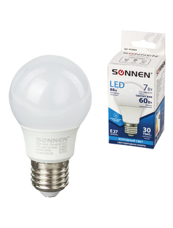 Лампа светодиодная SONNEN, 7 (60) Вт, цоколь Е27, груша, нейтральный белый свет, 30000 ч, LED A55-7W-4000-E27, 453694