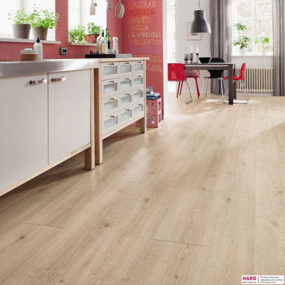 Декор ламината Haro Tritty 100 Gran Via Дуб Контура Каменно-Серый 531917 в интерьере кухни