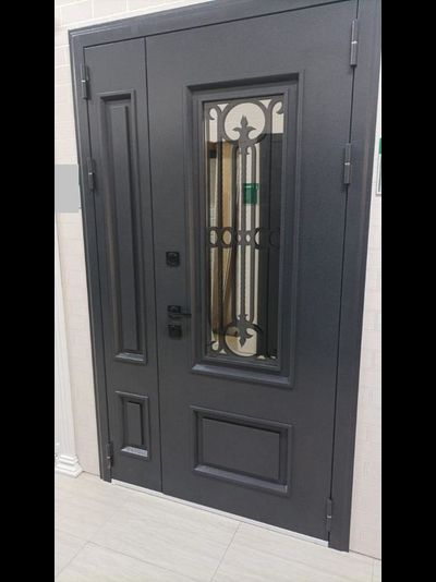 1200*2050. ВИЛЛАДЖ  115 мм. СТАЛЬ 1,5 мм. ГРАФИТ БУКЛЕ/ МРАМОР НАТУРАЛЬНЫЙ/ КОВКА ВНУТРИ СТЕКЛОПАКЕТА