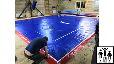 Нанесение разметки и логотипа на помост на ПВХ тент для помоста ушу саньда