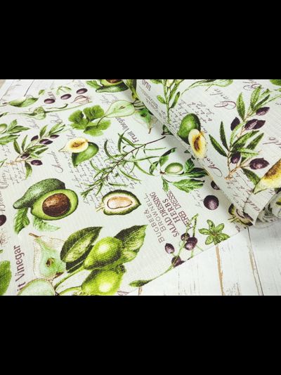 Вафельное полотно 176 г/м2 цвет салатовый принт Авокадо и оливки