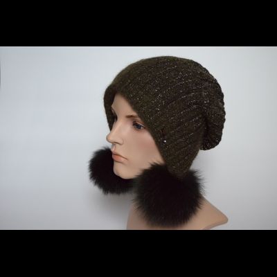 Шапка ушанка вязаная с меховыми помпонами Vizio Италия 6908 PP 66