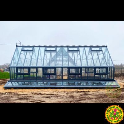 Базовая комплектация теплицы в английском стиле с холлом из стекала и алюминия ИМПЕРИАЛ размером 4000 х 10000 мм