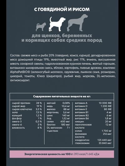 AlphaPet (АльфаПет) Superpremium сухой корм для щенков, беременных и кормящих собак средних пород с говядиной и рисом, 2 кг