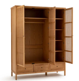 Шкаф с 3 дверками из массива сосны и плетеного материала, Gabin