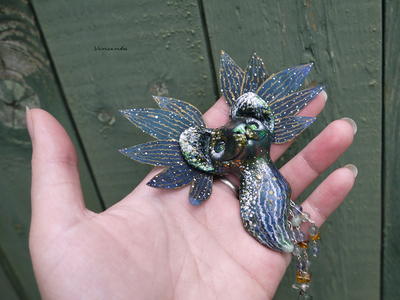 Необычная брошь "Морская Кицунэ - Волшебная Лисичка" (шёлк, флюорит, кварц)