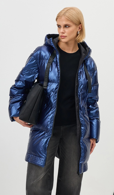 Укороченный синий-металлик пуховик