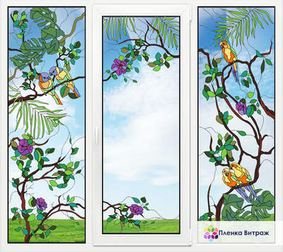 витраж с попугаями, витражная пленка самоклеющаяся с рисунком под заказ, тропики