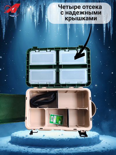 Ящик для зимней рыбалки (А-элита) А-Box/ с термометром, зеленый (1карман, полка, перегородка)