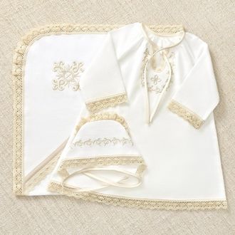 Тёплый крестильный набор для девочки: платье, чепчик, пеленка с капюшоном и кружевом, можно вышить любое имя