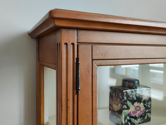 Витрина низкая, широкая со стеклянными дверьми.