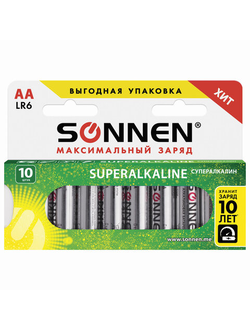 Батарейки КОМПЛЕКТ 10 шт., SONNEN Super Alkaline, АА (LR06,15А), алкалиновые, пальчиковые, в коробке, 454231