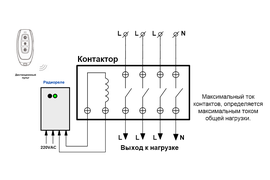 Схема дистанционного управления нагрузкой большой мощности (электродвигатель, вентилятор, насос) через магнитный пускатель (контактор)