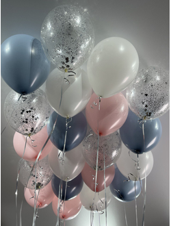 Шары розовый, голубой ретро, белый, с конфетти 20 штук под потолок