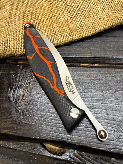 Фрикционный складной нож Канадец Большой сталь ELMAX, рукоять G10/микарта оранжевая молния