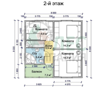 Полутораэтажный дом из бруса 8x8 с крыльцом, террасой и балконом