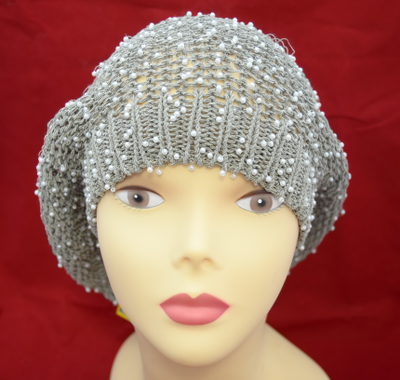 Берет вязаный из бисера летний женский серый купить