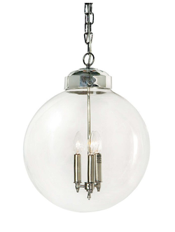 Подвесной светильник в форме шара из прозрачного стекла на хромированном подвесе, внутри три подсвечника никель.