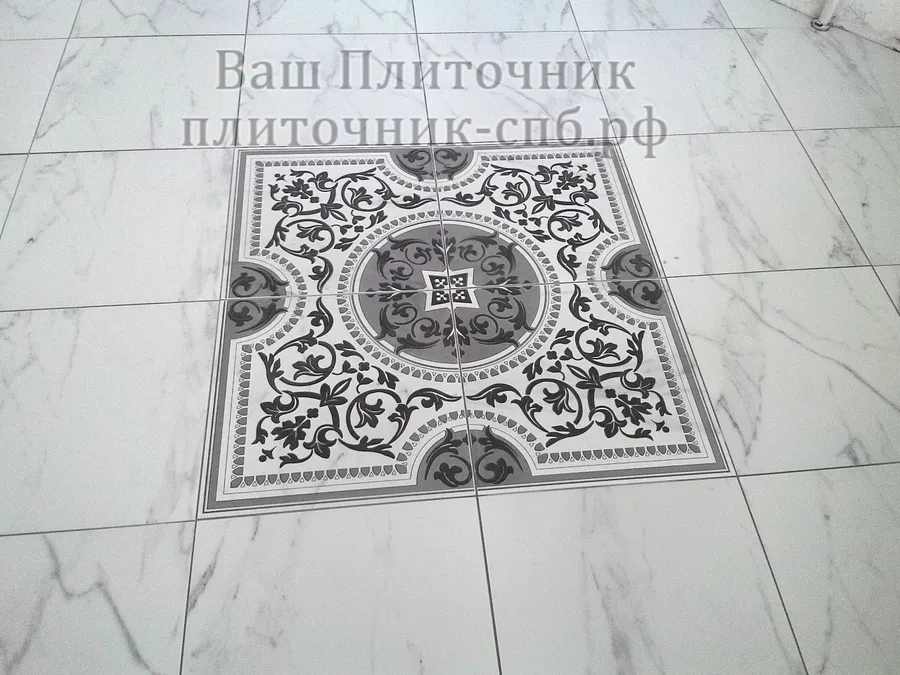 Укладка керамогранита на пол по диагонали с выравниванием на клею.