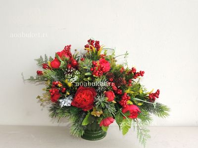 Новогодняя Композиция из искусственных цветов и еловых веток - Принцесса № НГ004 - купить в Москве