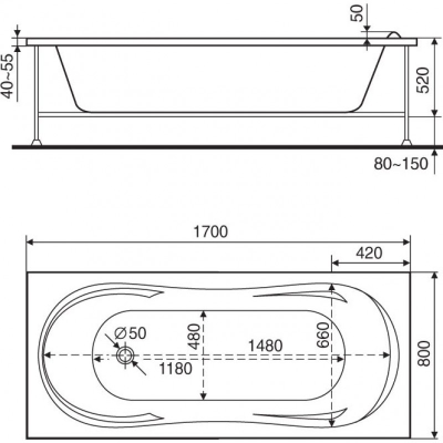 Акриловая Ванна BAS АХИН 170х80, каркас, слив-перелив