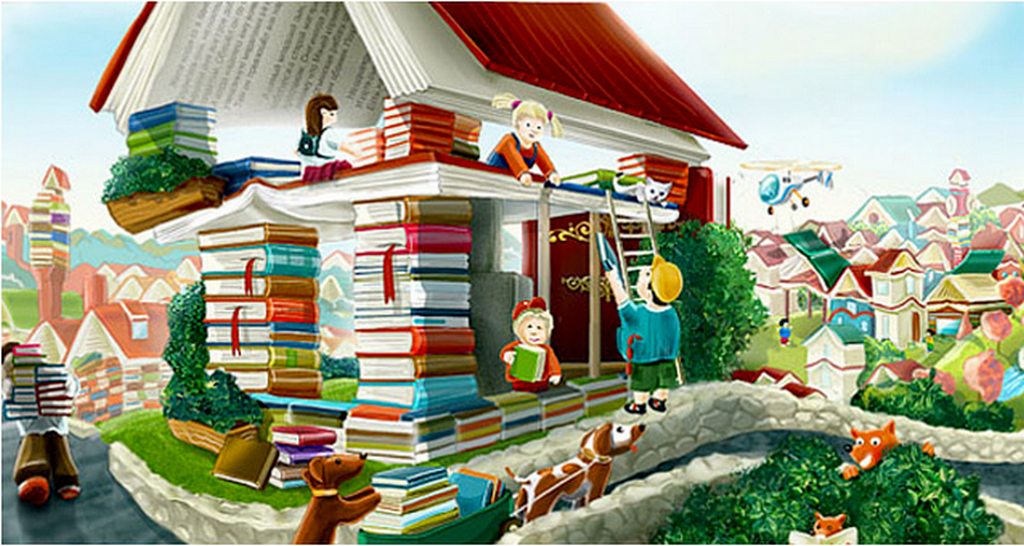 библиотека. сказочная комната. сказочная комната. обои на рабочий стол рисованные. домик из книг.