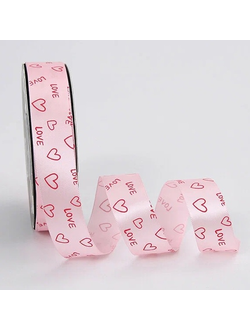 Лента атласная с принтом "LOVE" 2,5см*25 ярдов Светло-розовый с винным ЛД24/3