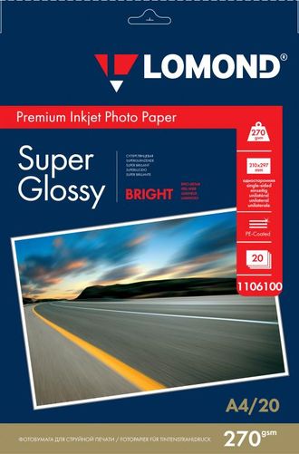 Суперглянцевая ярко-белая (Super Glossy Bright) микропористая фотобумага Lomond для струйной печати, A4, 270 г/м2, 20 листов.