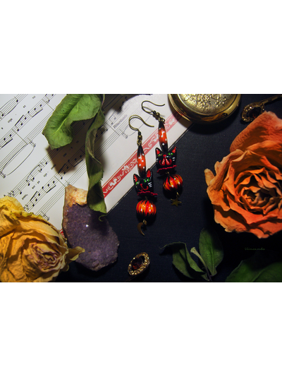 Серьги с котиками и тыквами "Легенды октября", украшение к Хэллоуину