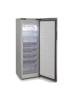 Вертикальная морозильная камера, цвет серебристый, шесть выдвижных ящиков, две полки.