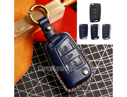 Чехол на смарт ключ VW Tiguan, Passat B8, Touran с кнопкой выкидывания жала (синяя кожа)