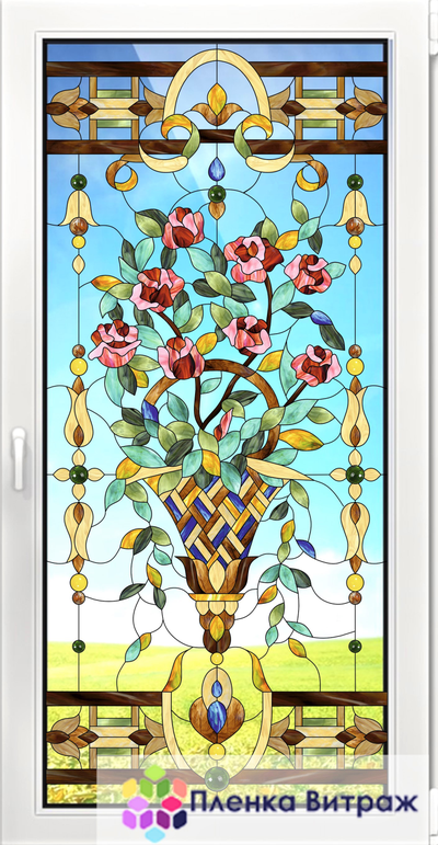 Витражная пленка,витражная пленка самоклеющаяся под заказ,пленочный витраж с цветочным рисунком розы