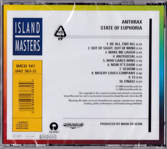 Купить диск Anthrax - State Of Euphoria в интернет-магазине CD и LP "Музыкальный прилавок" в Липецке